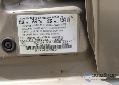 2001 Nissan Sentra Gxe из США, поврежденный, VIN 3N1CB51D51L478654